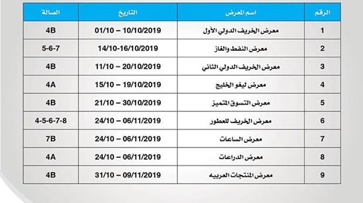 جدول معارض شهر اكتوبر 2019 في معرض الكويت الدولي