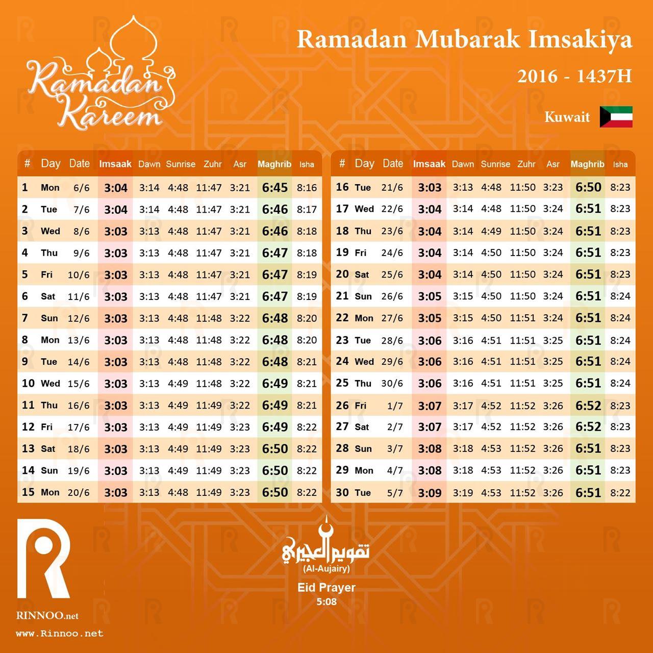 Kuwait Ramadan 2016 Imsakiya