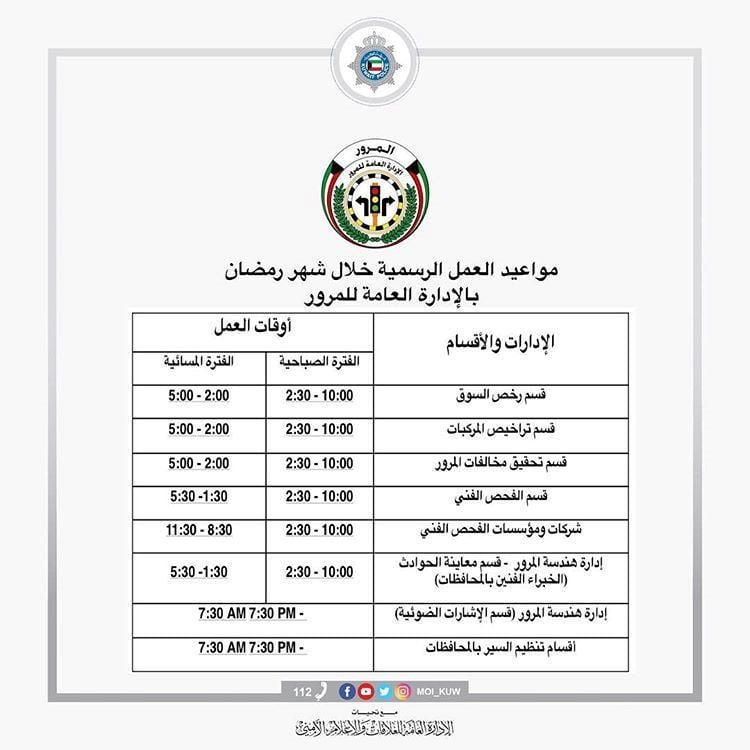 مواعيد العمل الرسمية للإدارة العامة للمرور خلال شهر رمضان 2019
