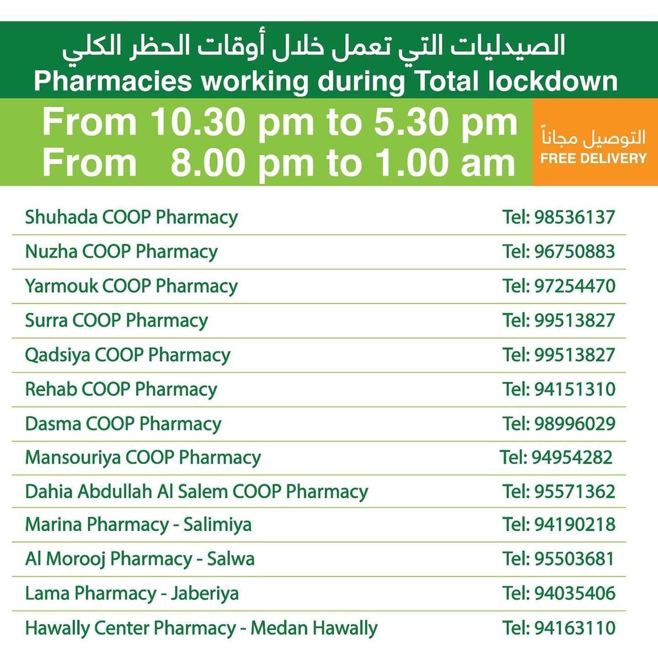 Al-Mutawa Pharmacies Operating during the Full Curfew