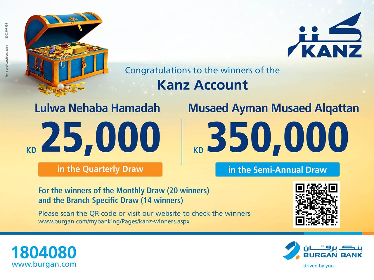 Burgan Bank Announces the First KD 350,000 Winner of the Kanz Account Semi-Annual Draw