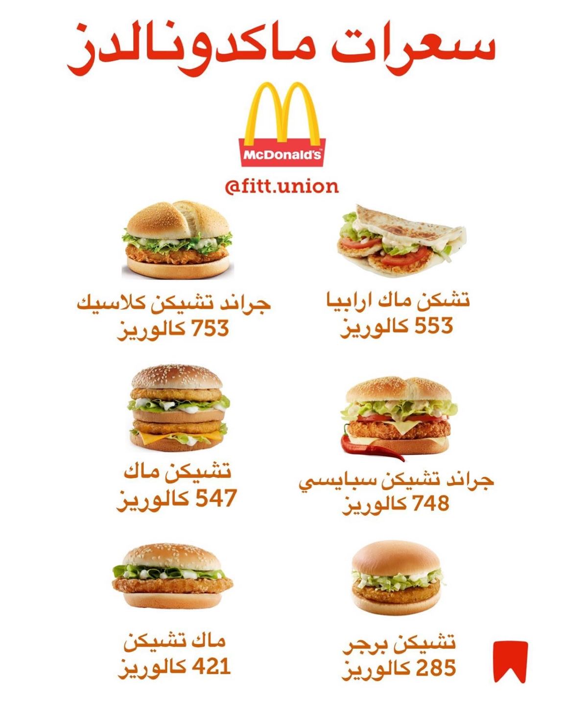 السعرات الحرارية في بعض انواع برجر اللحم والدجاج من مطعم ماكدونالدز